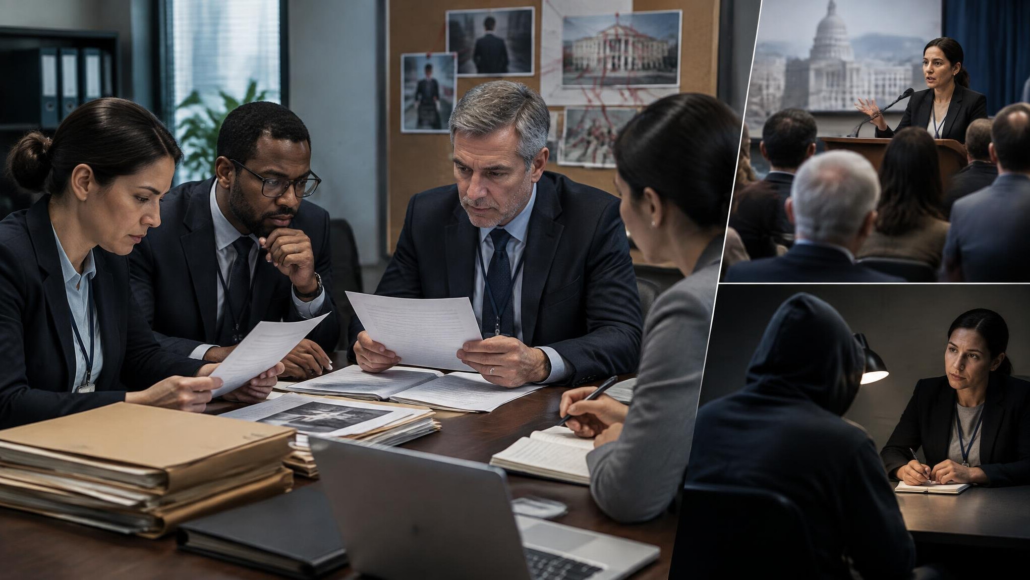team of investigators reviewing documents