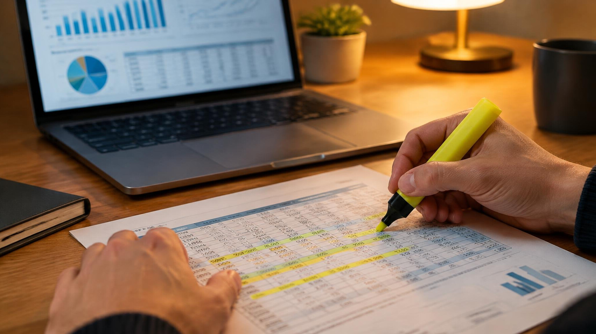 Close-up of hands reviewing printed financial spreadsheets next to an open laptop