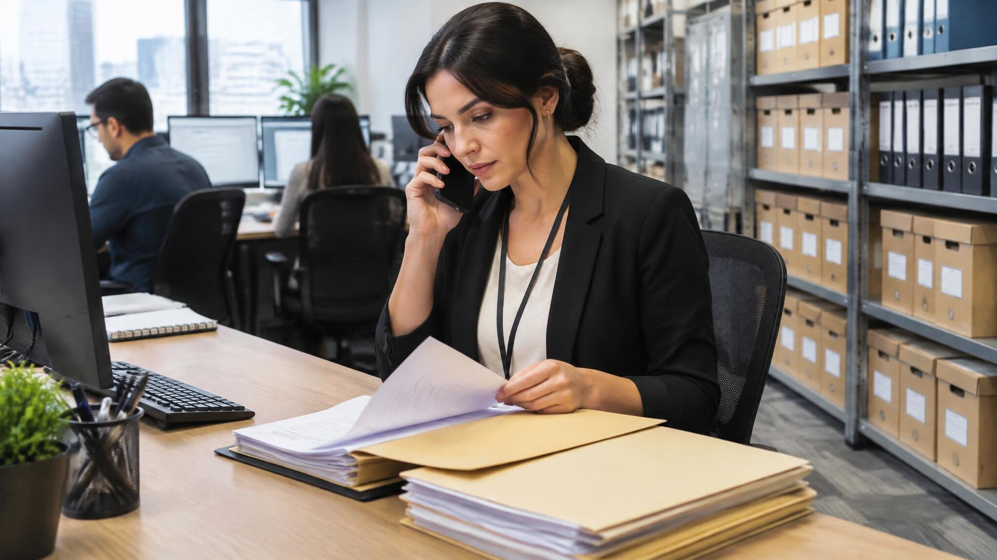 woman checking files